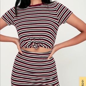 NWOT Lulu’s Burgundy Striped Knotted Front Cutout Dress